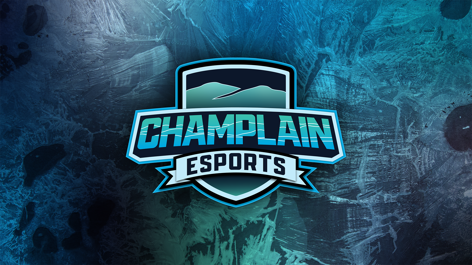 Champlain College Esports Shield over an Icy Blue Background